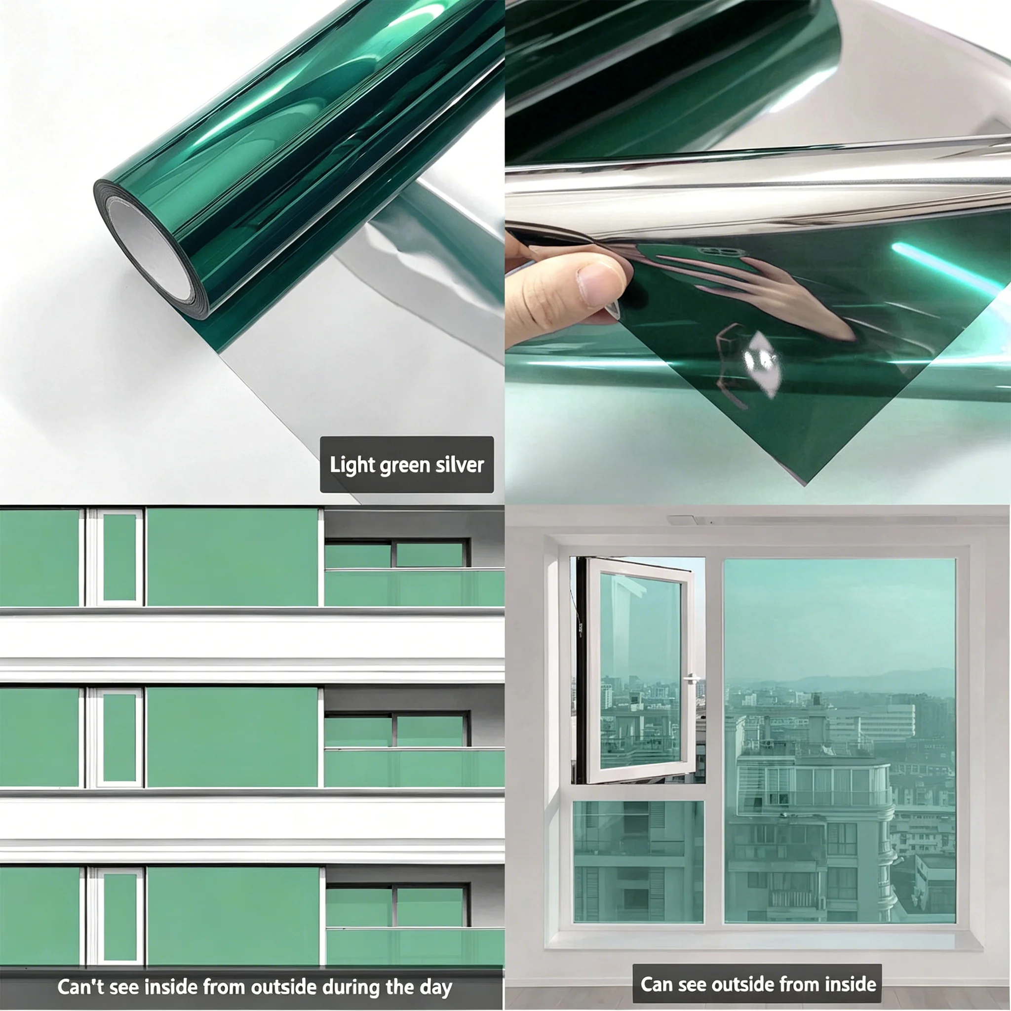 One Way Privacy Window Film Green Sun Block UV Protection Heat Control Self Adhesive Removable for Sunroom Home Office Glass