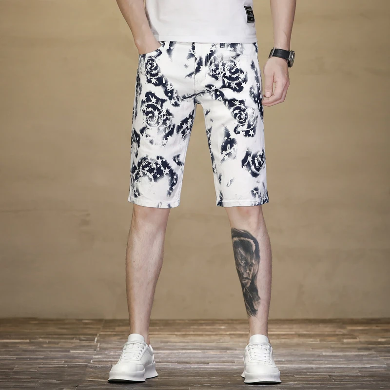 Summer Thin Denim Shorts Men White Digital XINGX Printed Stretch Slim Straight Personal Leisure Cropped Pants