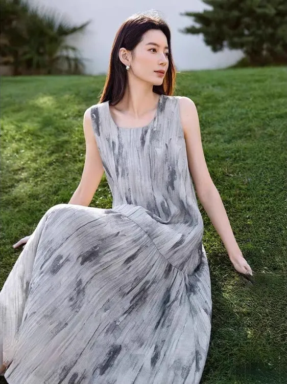 تنورة صيفية 2025 من الحبر Svel Dr خفيفة الوزن من الحرير Vaion Dr متوسطة الخصر على شكل كعكة Sle مستديرة Ne Long Dr #1