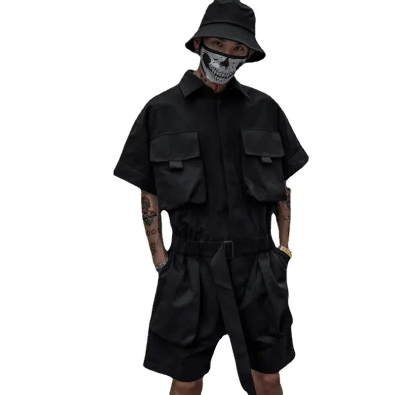 

New Style One-piece Workwear Shirt for Men, Retro Hip-hop Straight Leg Handsome Wide Leg Shorts Set Mens Clothes Tracksuit Men