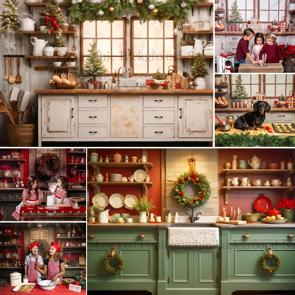 

Red and Green Christmas Kitchen Background Photography Winter Vintage Wooden Cabinet Wreath Xmas Tree Backdrop Photo Studio Prop