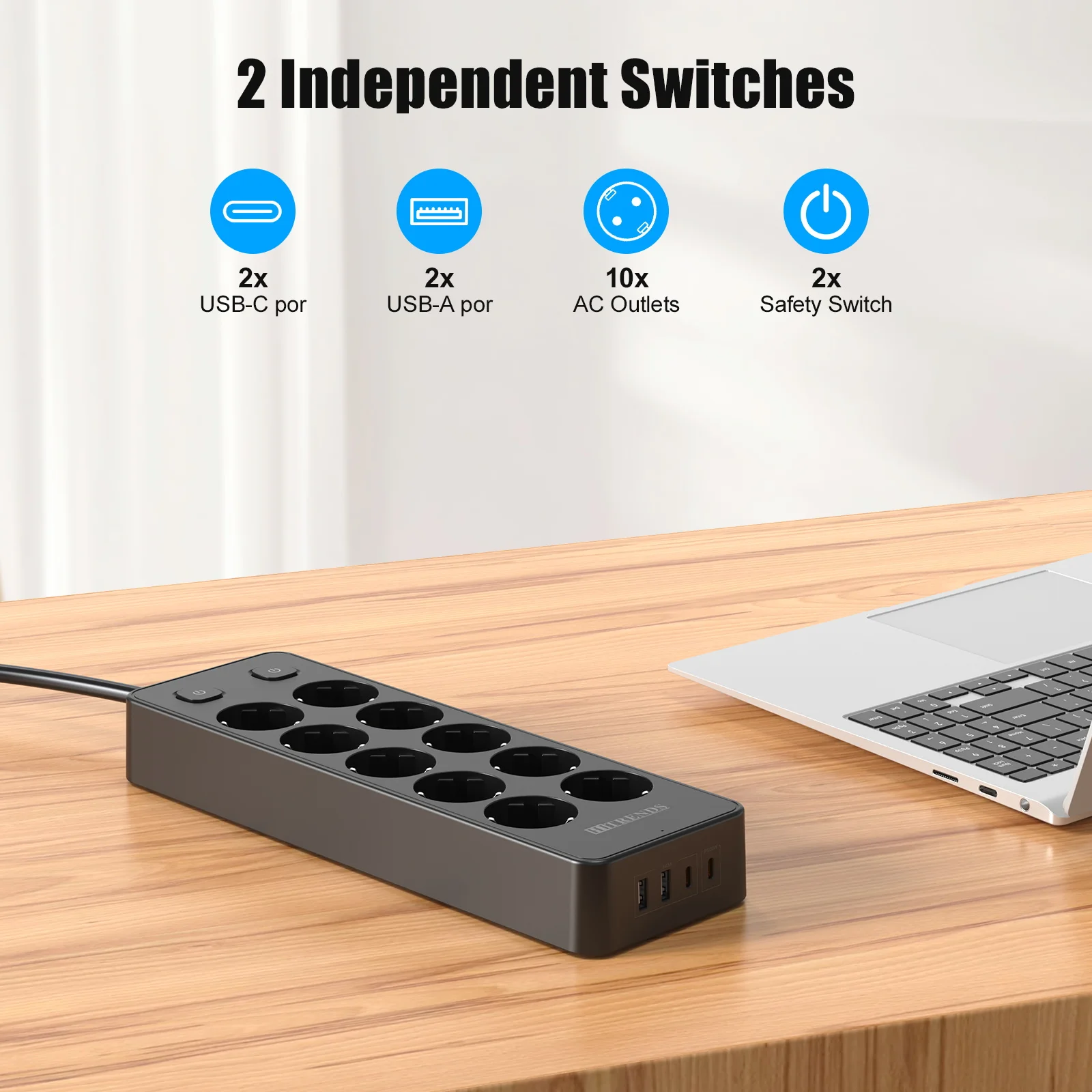 EU Plug Power board with 10 AC Outlets 4USB Ports, 2m Extension Cord, Multiple Socket Surge Protector for Home