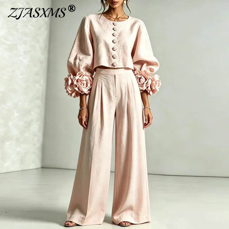3D-Blumen Zweiteiler Damen-Set: Puffärmel-Crop-Top mit Blumenmuster-Manschetten und Hochgeschnittener Weitbein-Hose, Schickes Casual-Outfit für Dates und Partys