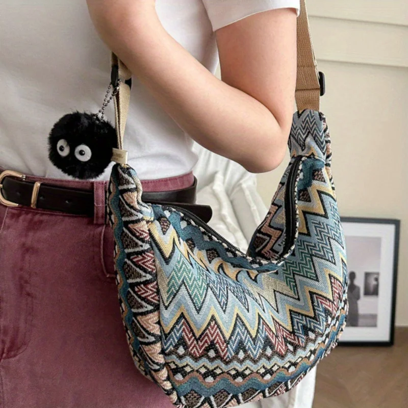 Stylish Foldable Canvas Shoulder Bag - Adjustable Strap, Stitched Embroidery, Spacious Interior - Perfect for Daily Use