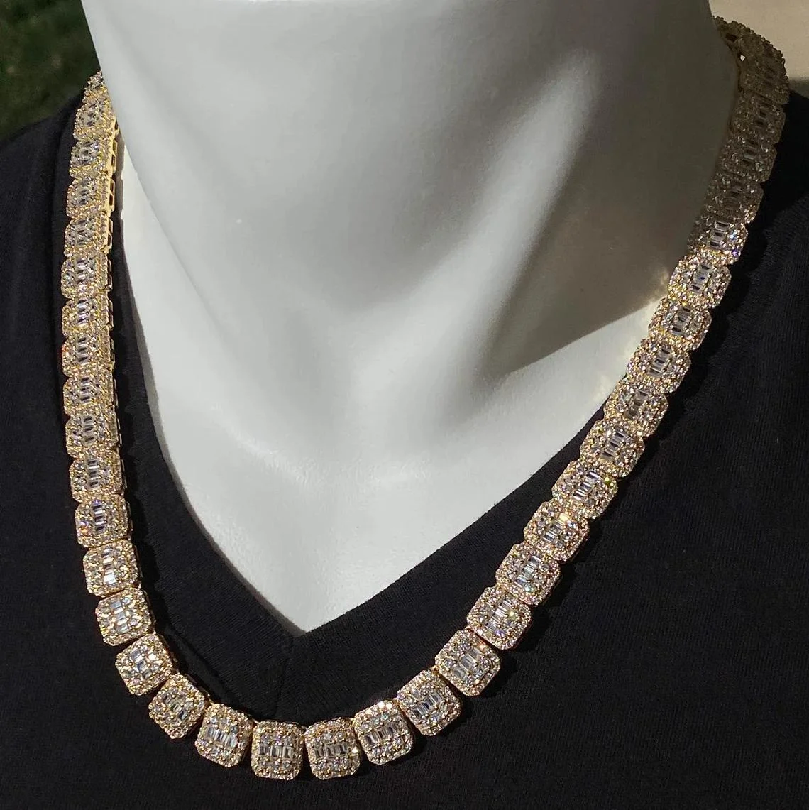 Bling Fine Jewelry Necklace 12mm 925 Sterling Silver Full Iced Baguette Moissanite Mens Hip Hop Cuban Chain Necklace