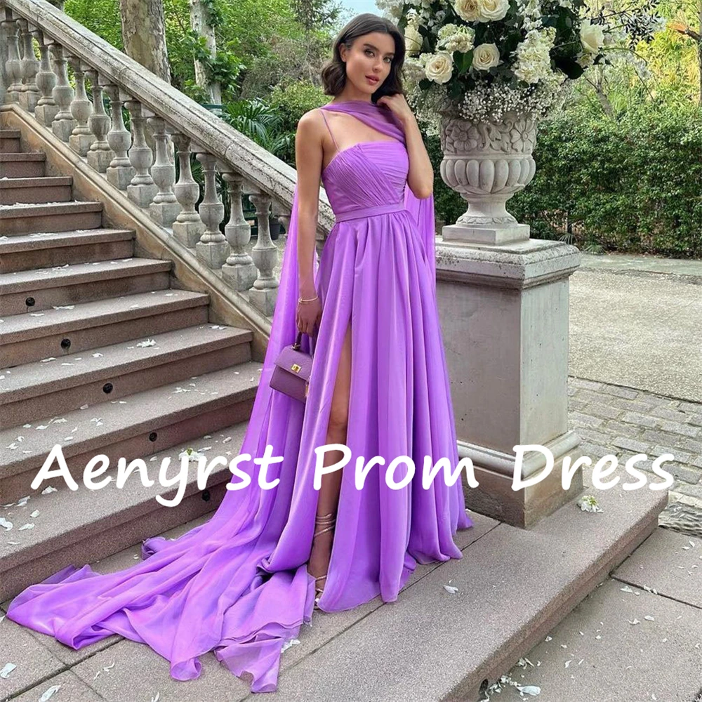 Aenyrst Purple Spaghetti Strap Prom Dresses A Line Side Split Chiffon With Shawl Evening Party Gowns Floor Length Holiday Dress