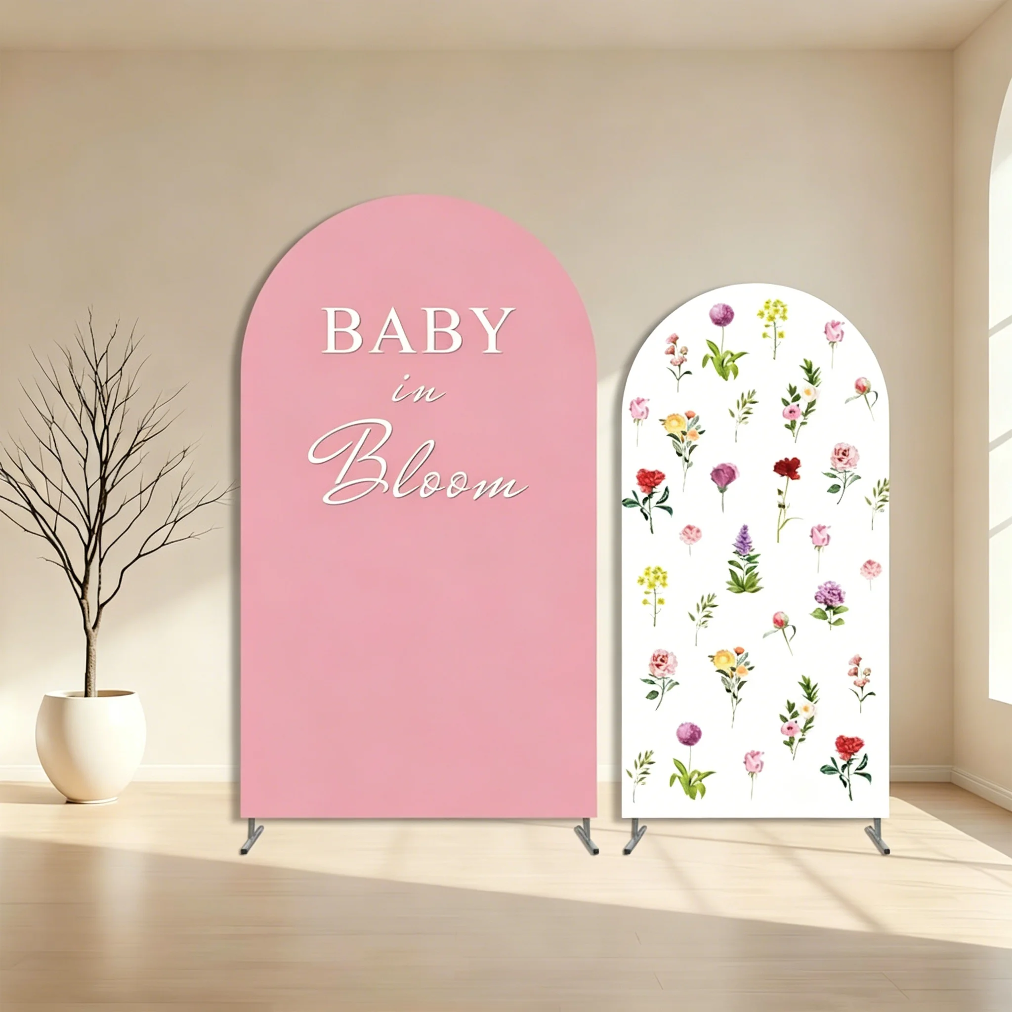 Mocsicka Baby Shower Arch Backdrop Baby in Bloom Floral Pink White Background Girl Birthday Party Customizable Photozone Studio