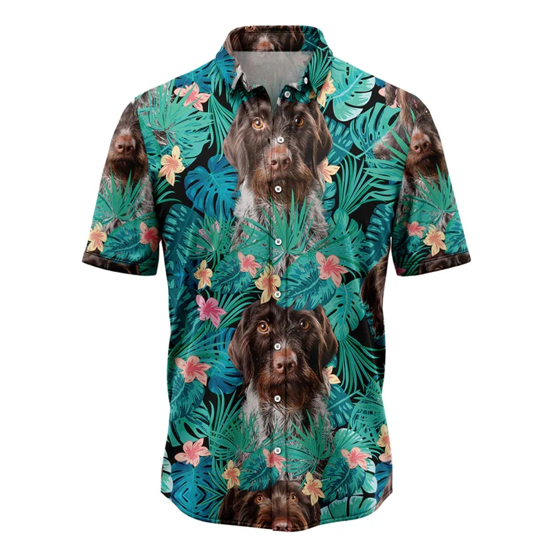 

German Wirehaired Pointer Pattern Hawaiian Shirts Summer Casual Dog Lover 3D Printed Shirt Loose Breathable Lapel Button Blouses