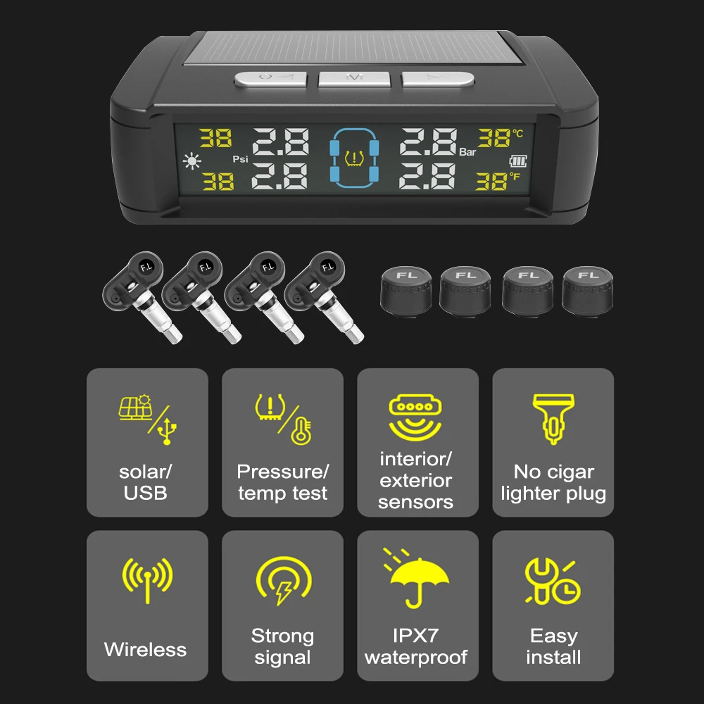 Sistema de Monitoreo de presión de neumáticos TPMS para coche alimentado por energía Solar/USB, Monitor de temperatura de neumáticos, sistemas de alarma de seguridad automática