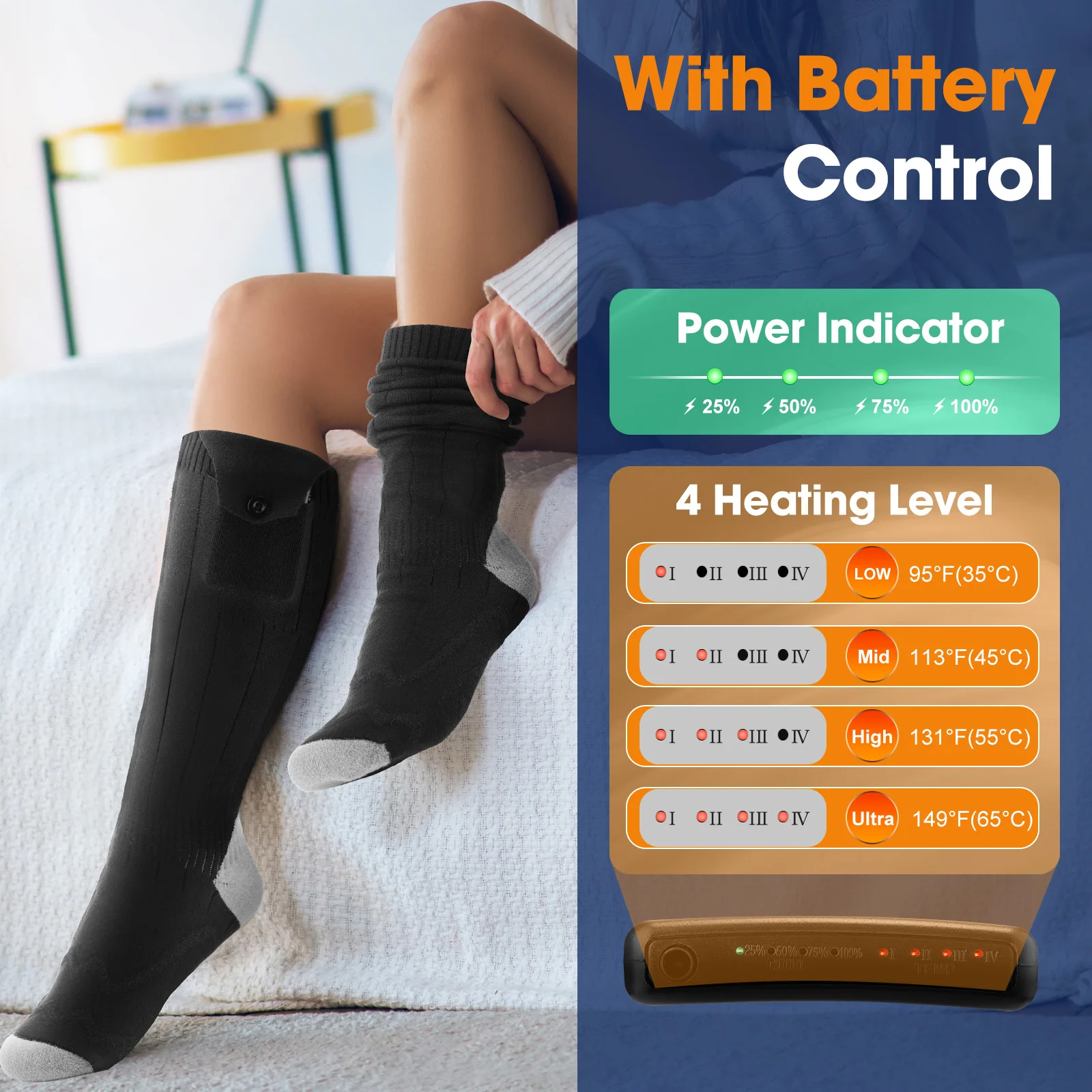 APP Controlled Heated Socks Wireless Heat Unisex Black Pair Rechargeable Adjustable Temperature Smart for Outdoor Camping