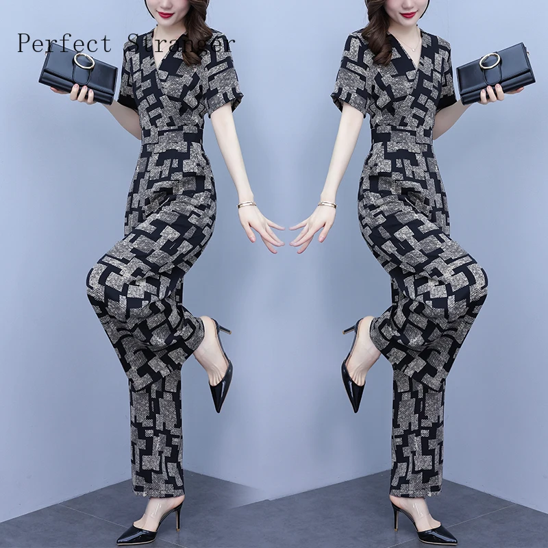 2022 Summer Women Casual Short Sleeve  V-Neck Jumpsuits Ladies Plaid Bodysuit Loose Long Pencil Side Slit Pants Women Jumpsuit