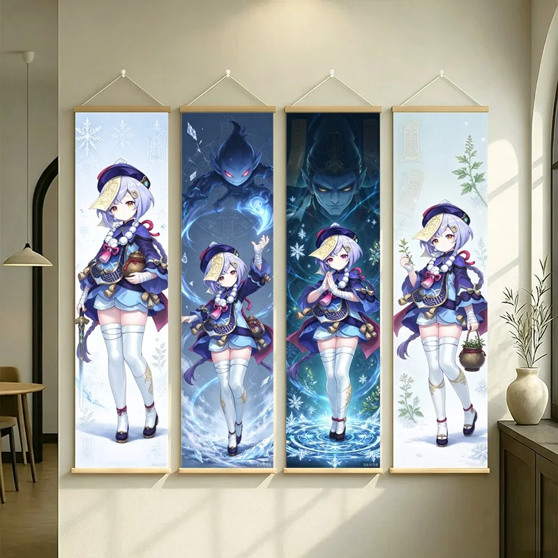 Hanging Scroll Wall Art of Genshin Impact Qiqi with Blue Spirit Motifs on Silver Shimmer Canvas for an Anime Bedroom