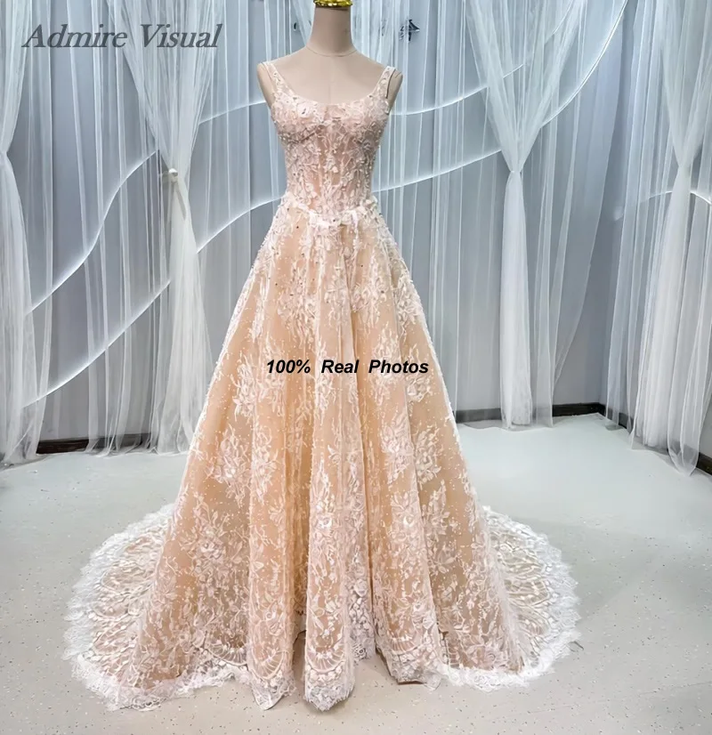 Admire Visual Customized Wedding Dress A-Line Lace Scoop Neckline Sleeveless Basque With Long Open Back Bride Gowns