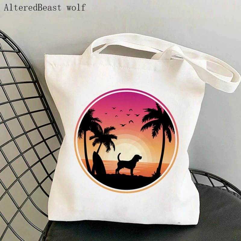 

Women Shopper bag Beagle Dog Beach Sunset Kawaii Bag Harajuku Shopping Canvas Shopper Bag girl handbag Tote Shoulder Lady Bag