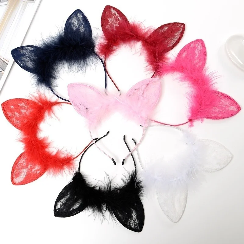 1Pc Cat Ears Feathers Lace Fox Ears Headbands Women Cute Costume Kids Hairbands Dance Party Headwear Hair Accessories