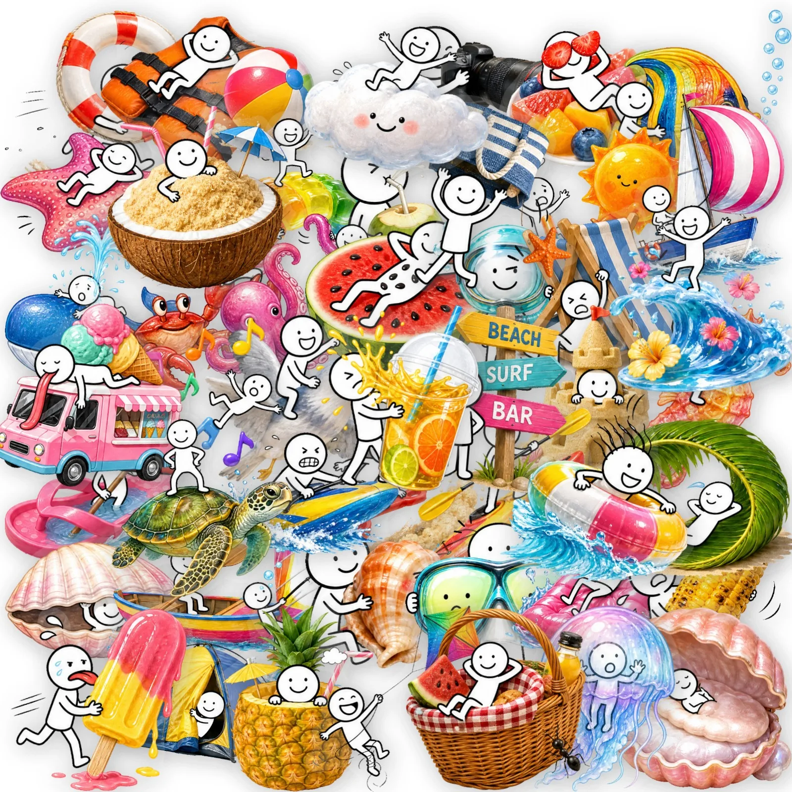 50 PCS Simple Line Little Person Summer Beach Surfing PET Waterproof Stickers Seaside Vacation Fun Hand Account Material Decals