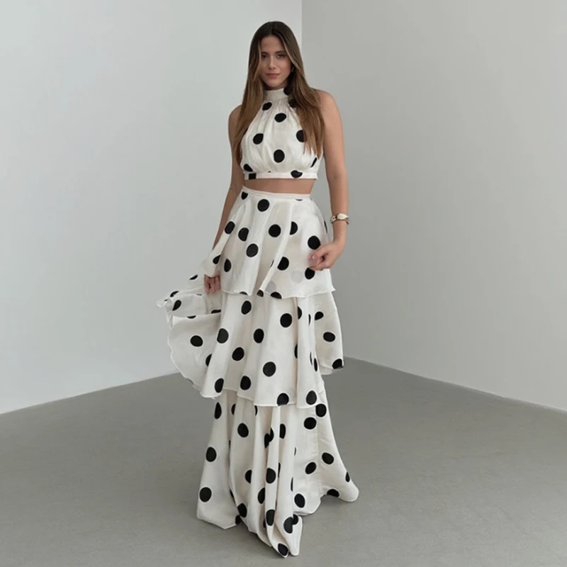 

Vintage Polka Dot Matching Sets Women Summer Sleeveless Crop Top + Long Cake Ruffle Skirt Elegant Vacation Two Piece Set Outfits