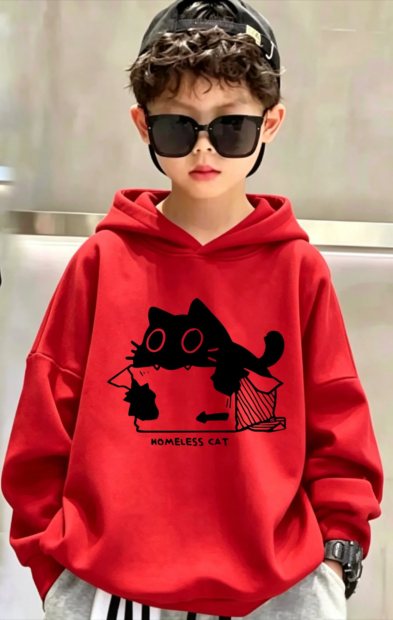 Fashionable cute cat print versatile children's hooded sweatshirt. Stylish pullover hoodie for teenagers and younger children.