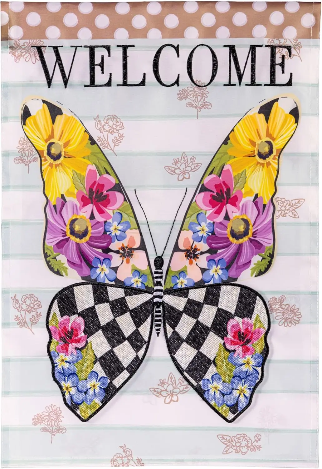 Evergreen Courtly Check Butterfly Applique House Flag 44x28 Double Sided, Welcome Spring Flags For Outside House, Front Door GGO