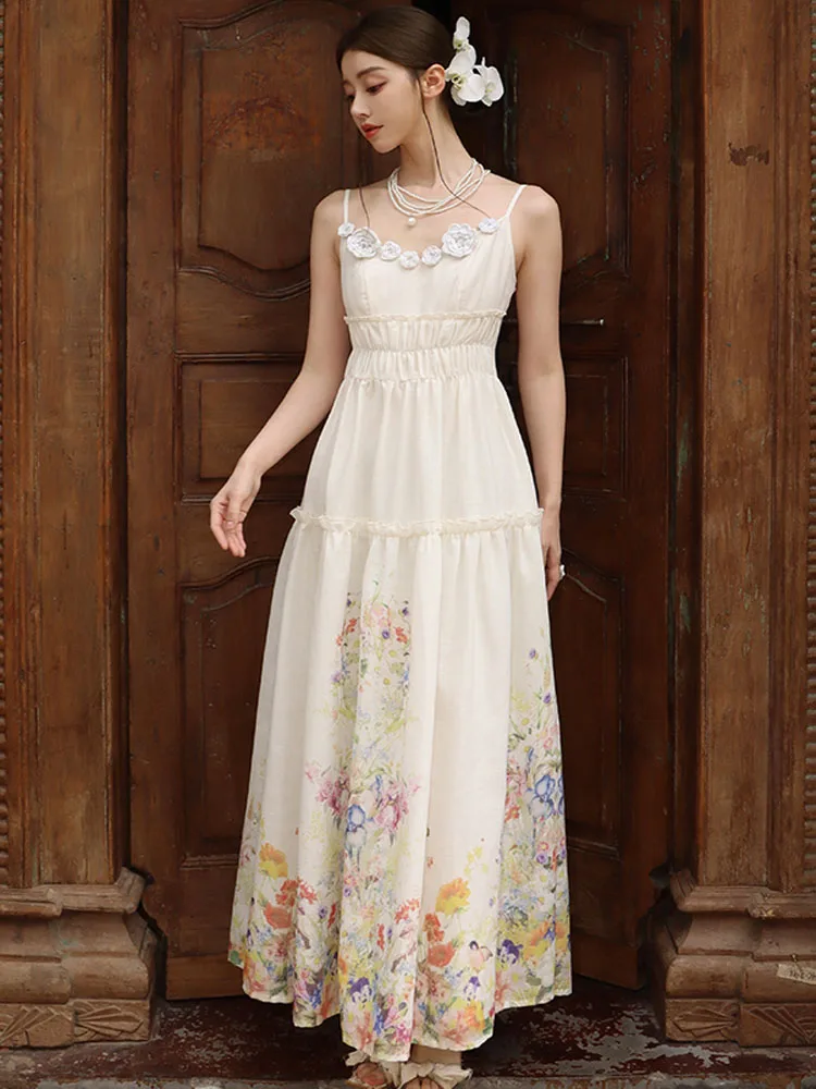 Vintage Boho Mode Lange Kleider Für Frauen Sommer Blume Drucken Chiffon Hohe Taille Casual Urlaub Party Kleid Vestidos 2025, Neue