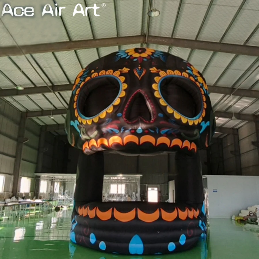 Op maat gemaakte skelet DJ Bar opblaasbare stand voor buiten muziekfeest evenement Halloween zwarte schedel bar tent voor decoratie