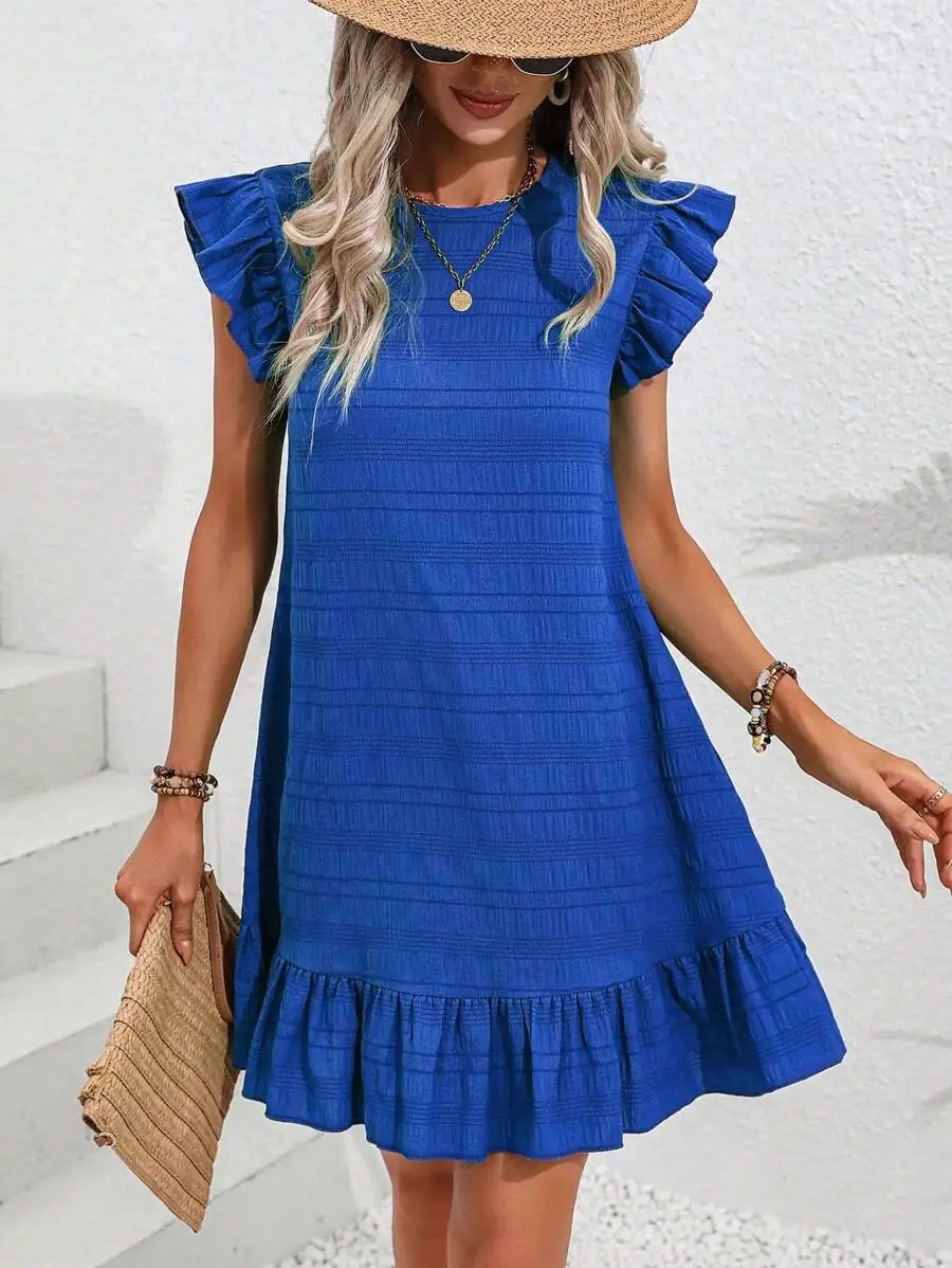 

Women Solid Color Ruffle Sleeve A-Line Dress Summer Casual
