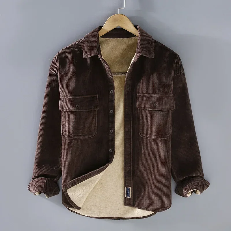 Man Vintage Corduroy Thickening Shirts Autumn Winter Korean Long Sleeve Solid Simple Casual Outdoor Wear Male Loose Blouses image 3