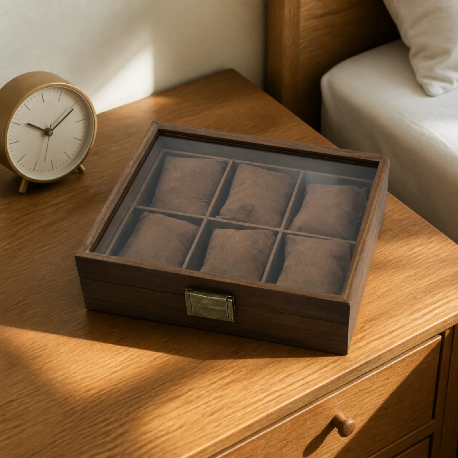 Watch Display Box with Velvet Pillows Walnut Wood-Grain 6-Slot Watch Storage Box Sturdy Compact for Dresser, Gift Presentation
