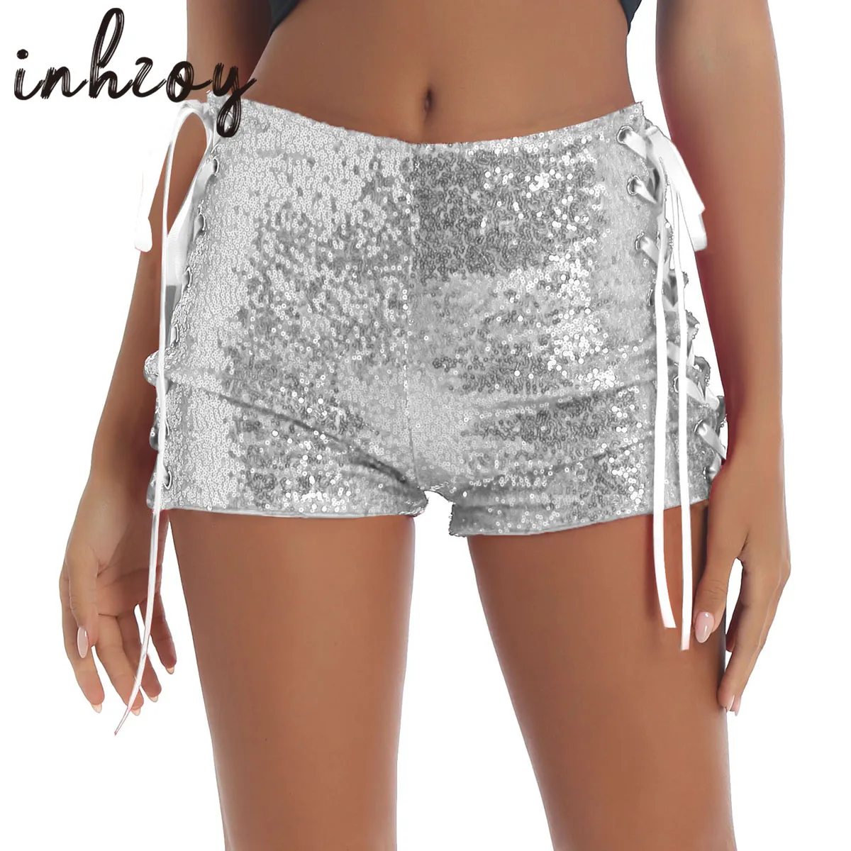 Glitter Sequin Shorts Women Sexy Side Lace-up Skinny Mini Booty Shorts Outfits Fashion Clubwear Pole Dancing Nightclub Bottoms