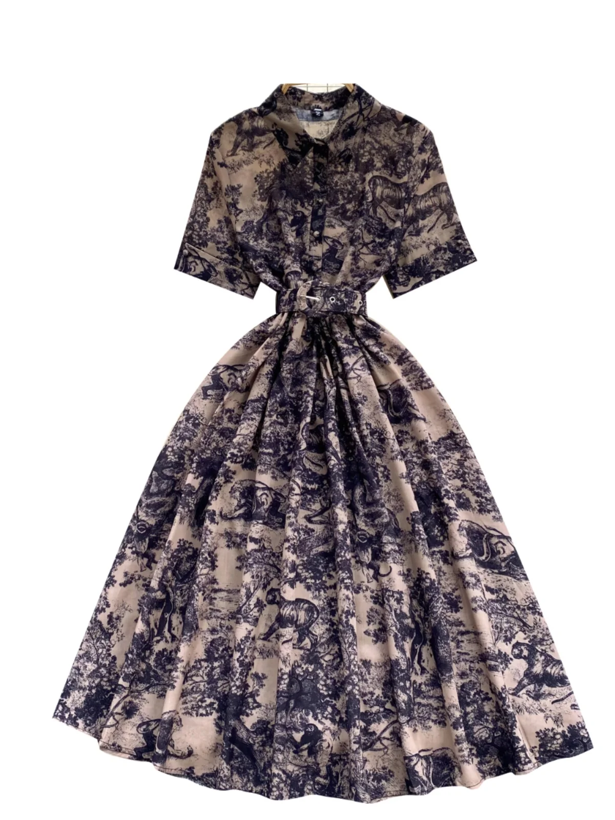 เดรสลายดอกไม้สไตล์เรโทรสำหรับผู้หญิง ฤดูร้อน คอปก ช่วงเอวเข้ารูป ดีไซน์โรแมนติก กระโปรงยาวทรงเอ