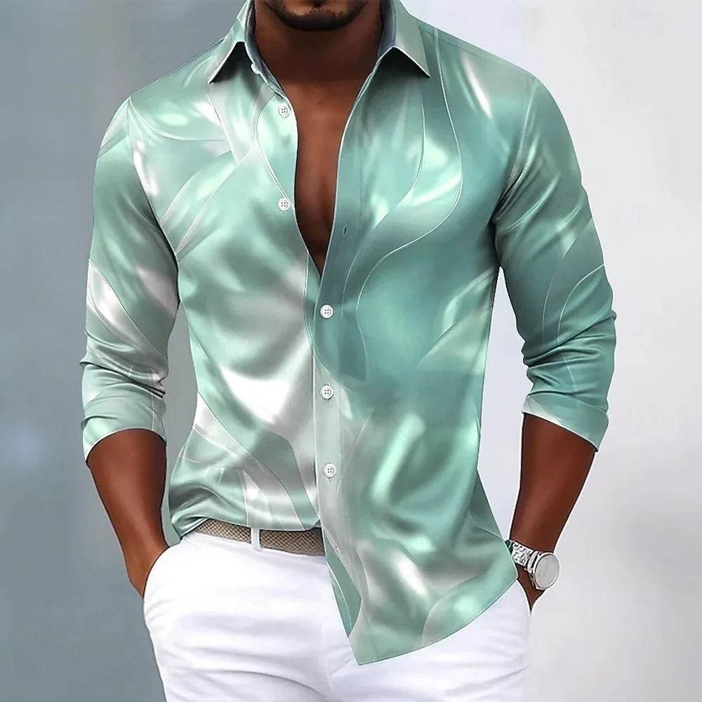 New men's long sleeved shirt with 3D printed abstract art design, fashionable and casual lapel button top