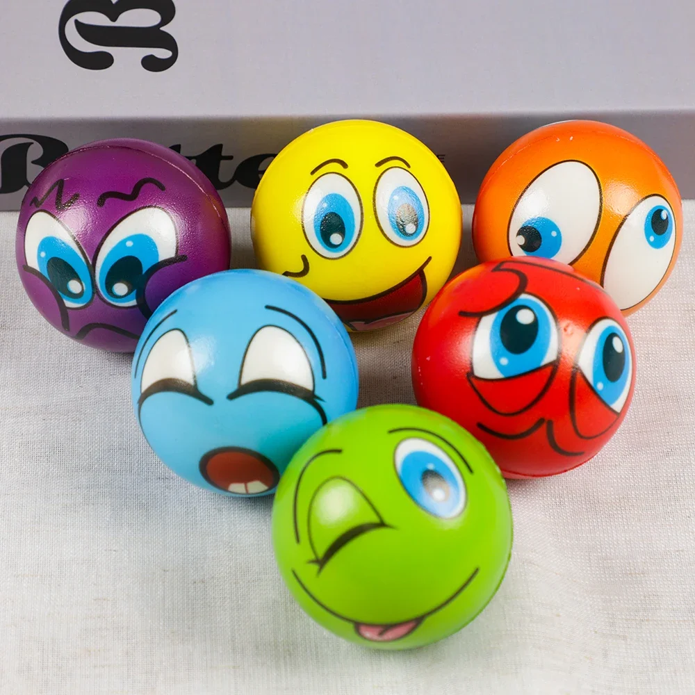 Bola elástica de PU con expresión de dibujos animados para niños, juguete para apretar con liberación de presión, regalo de fiesta de cumpleaños, relleno de piñata, 6 uds.