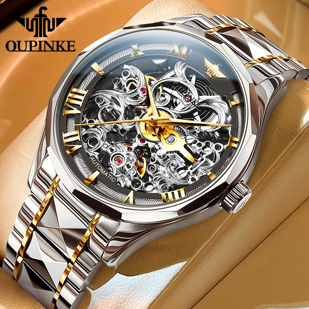 

OUPINKE Men's Watches Luxury Fashion Hollow Out Mechanical Flywheel Movement Original Automatic Watch for Man Tungsten Steel