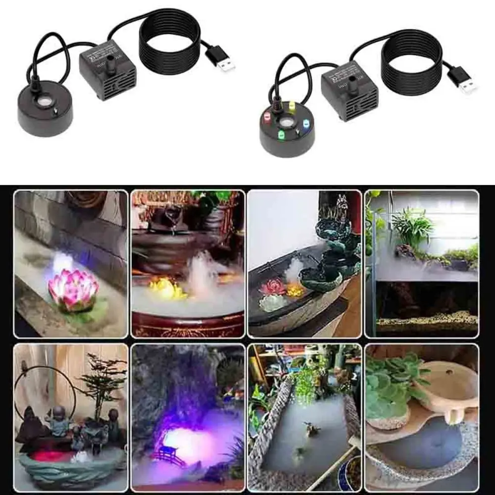 Aquarium Humidifier 2-IN-1 Mist Maker 5V Mini Fog Machine with Water Pump Colorful LED Lights Water Pump Fogger Desktop Fountain