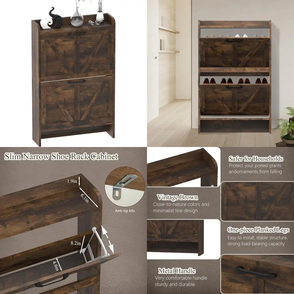 

Отдельно стоящий шкаф для хранения обуви в стиле фермерского дома с двумя откидными ящиками для прихожей и тонких узких помещений