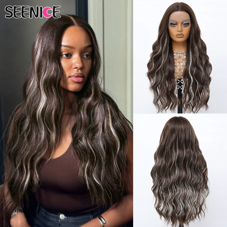 28Inch Ombre Honey Blonde Natural Weave Blend HD French Water Wave Synthetic Hair Lace Front Wigs Heat Resistant Fiber for Daily