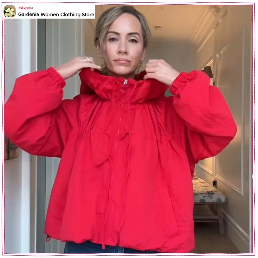 

Elegant Chic Nylon Tie Jackets for Women Spring High Neck Hooded Jackets New in Red Zippered Jackets with Elastic Drawstring Hem