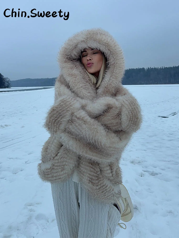 Street Hooded Faux Fur Coat Women Loose Full Sleeve Thicken Fluffy Overcoats Female 2025 Autumn Winter Lady Warm Luxury Outwear
