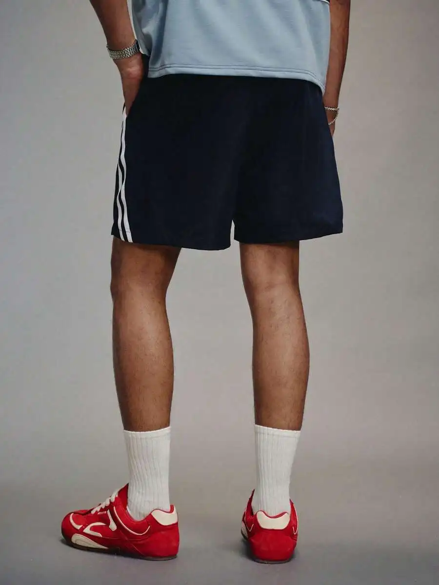

Blue Men’s Woven Sporty Shorts With White Side Stripes, Elastic Waist, Drawstring, Retro Streetwear Casual Style