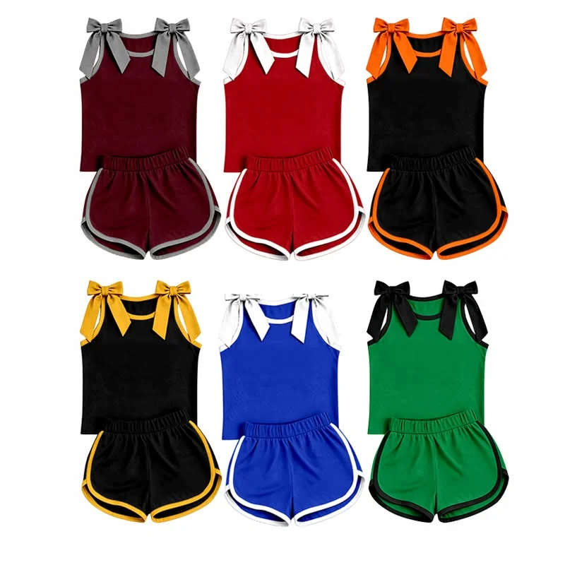 Girls New Summer Solid-Color Paneling and Bow Detail Sleeveless Top and Shorts Boutique Set