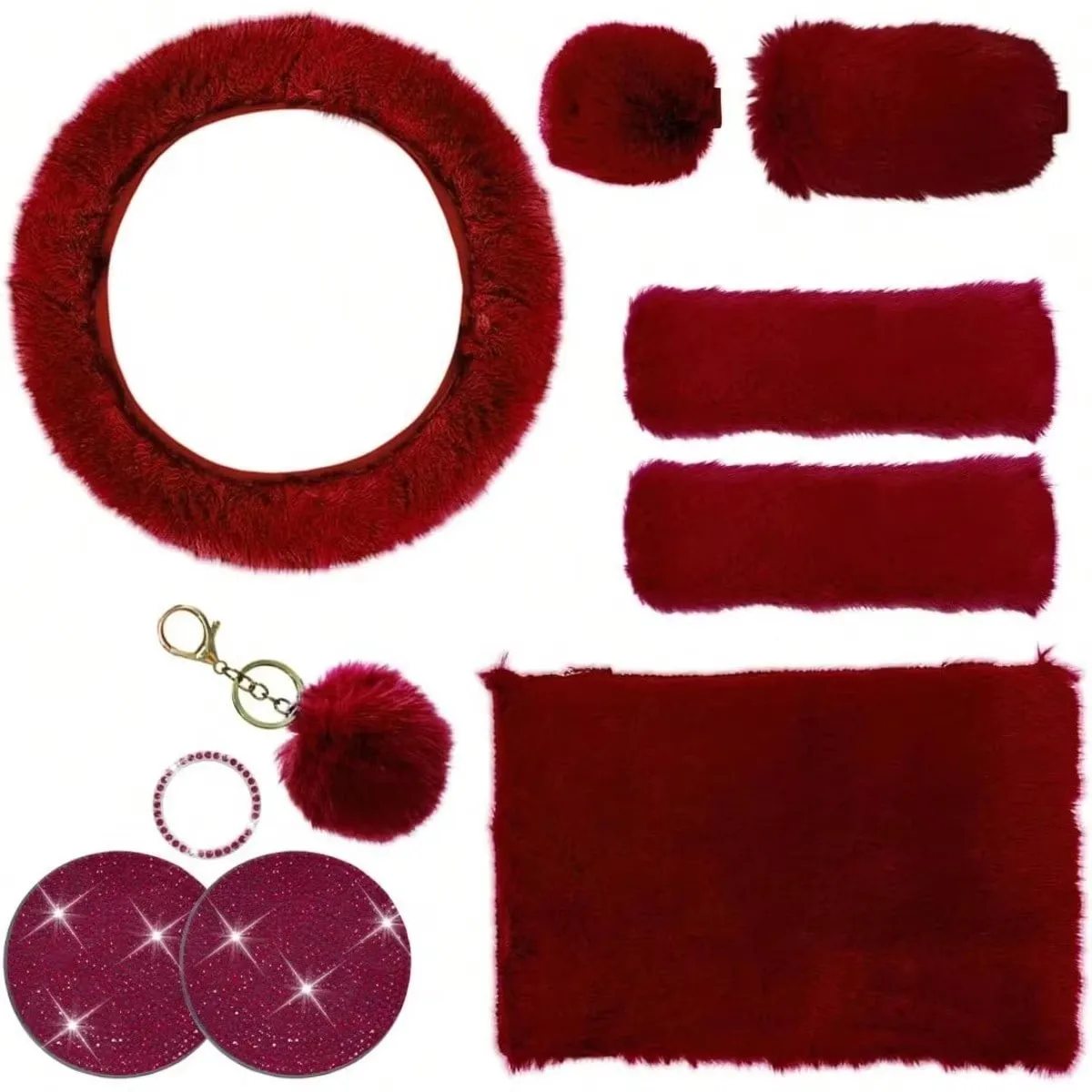10-Piece Pink Fluffy Car Interior Set, Soft Furry Steering Wheel Cover, Gear Shift & Handbrake Cover, Seat Belt Shoulder Pads, Armrest Cushion, Rhinestone Cup Coasters, Ignition Ring and Pom-pom Keychain, Universal Car Decor Accessories for Women