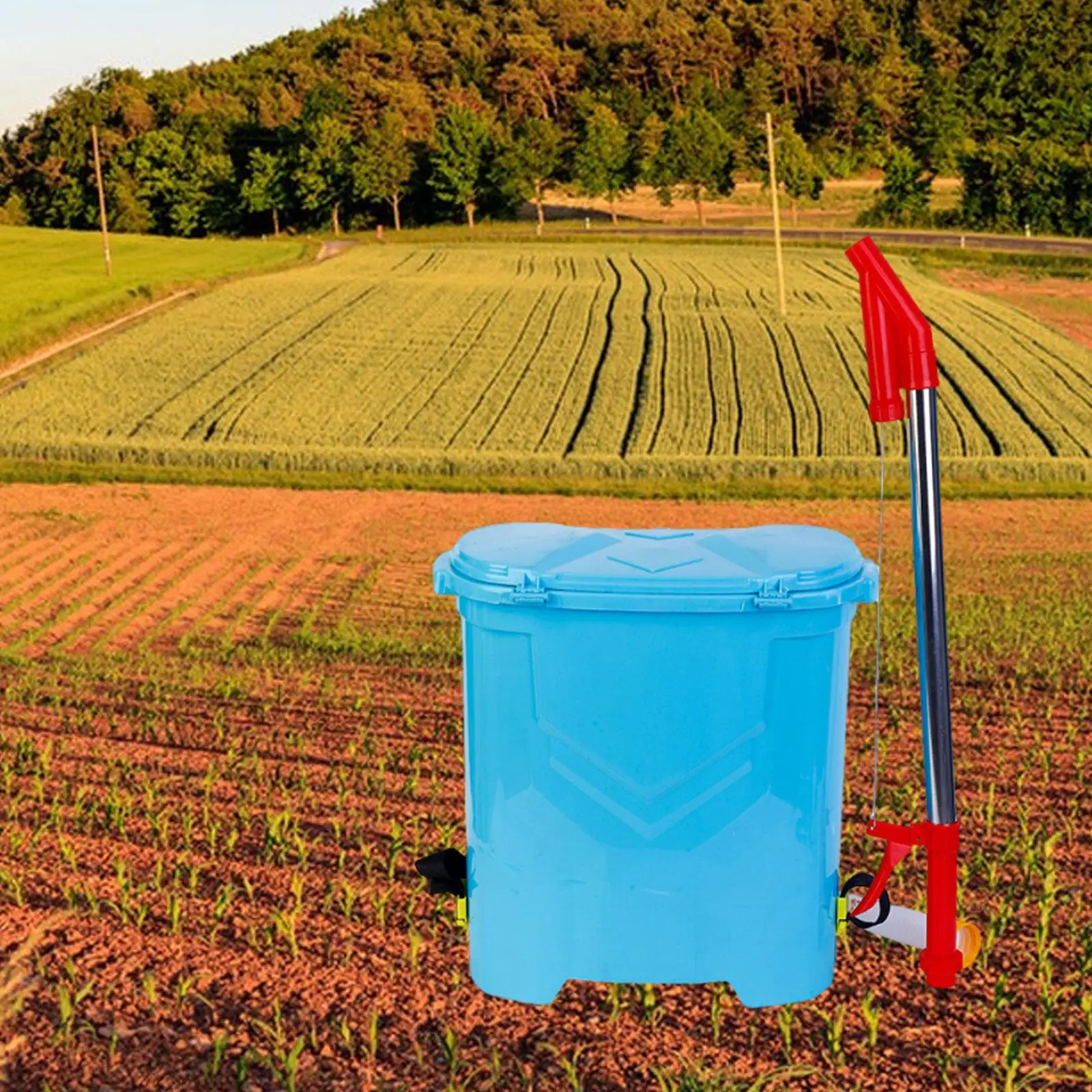 Large Capacity Fertilizer Manual Spreader Blue Ergonomic Back Carrying Applicator Bucket Tool for Corn and Vegetable Planting