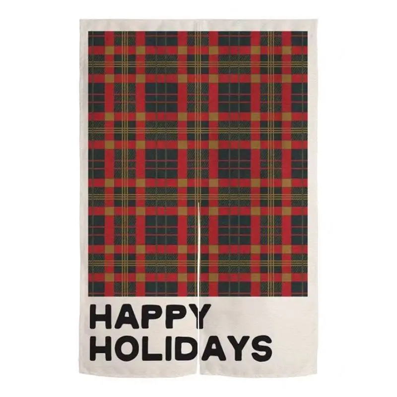 VIKAMA Christmas Plaid Happy Holidays Door Curtain Scarlet Emerald Tartan Cream Text Flat Kitchen Dining Entryway Party Soft