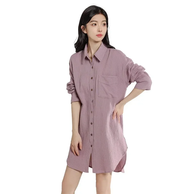 

Марлевая юбка из 100% хлопка, кардиган, ночная рубашка, повседневная женская ночная рубашка с длинными рукавами, весна 2023, свободная ночная рубашка большого размера