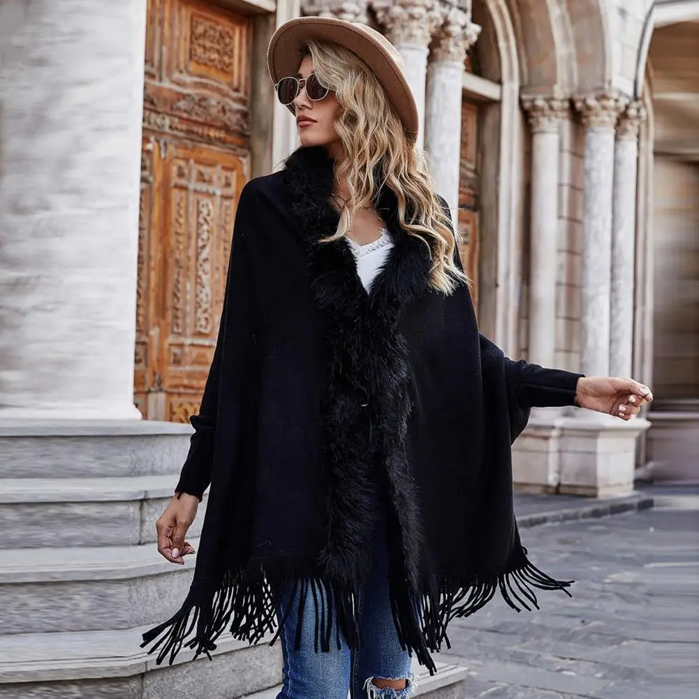 Fake Fur Collar Cardigan Poncho Tassel Solid Coat 2021 Women Casual Loose Shawl