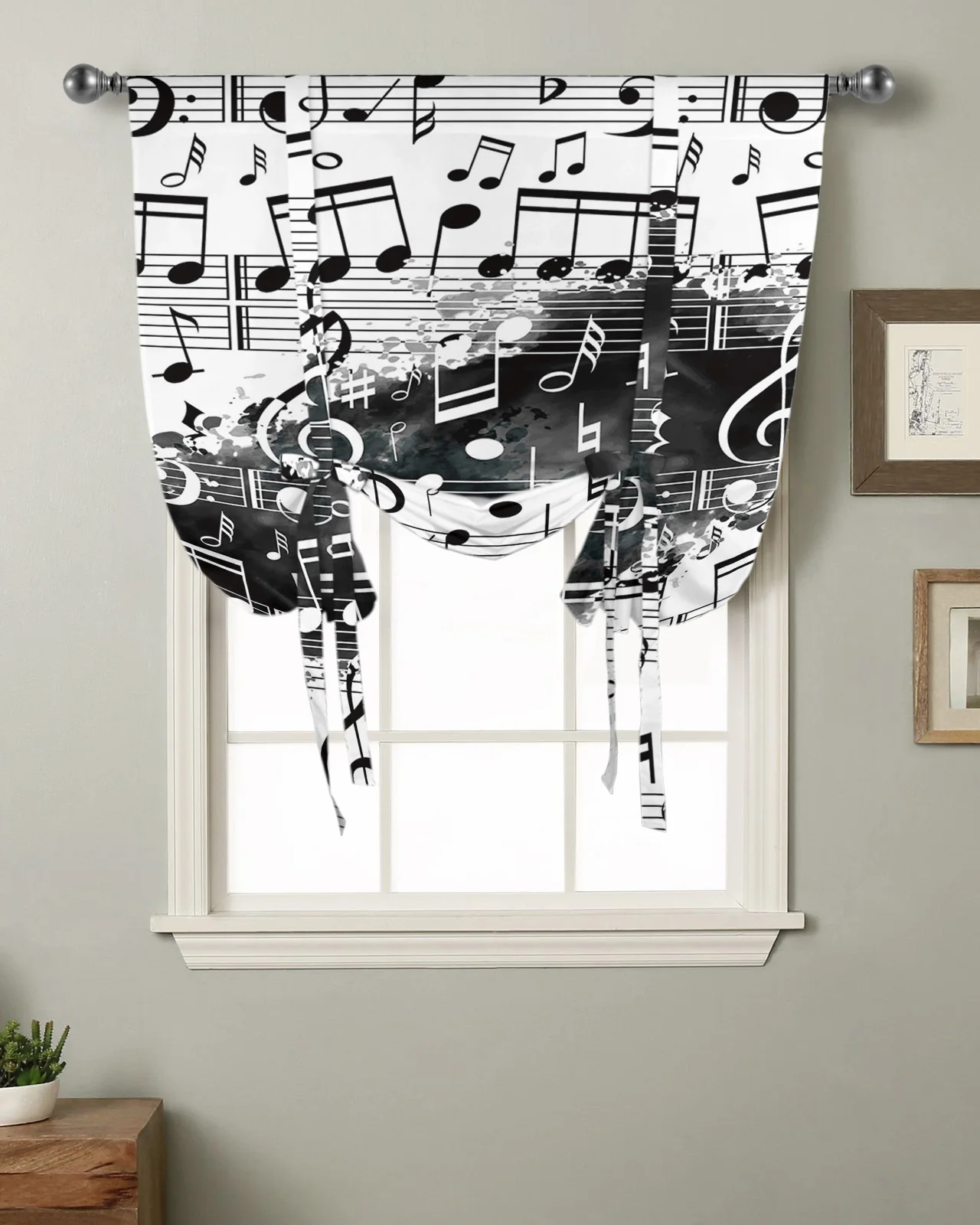 

Note Music Black White Watercolor Splash Kitchen Short Window Curtain Modern Home Decor Small Window Roman Tie Up Curtains