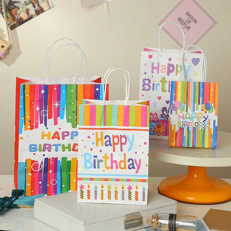 12Pcs Rainbow Cartoon Paper Gift Bag With Handle Kids Birthday Portable Favor Gift Packaging Tote Bag Baby Shower Party Supplies