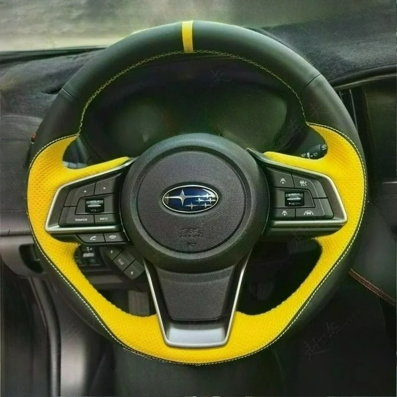 Hand-stitched renovation Non-slip black yellow leather car steering wheel cover For Subaru Forester Outback 2019-2026