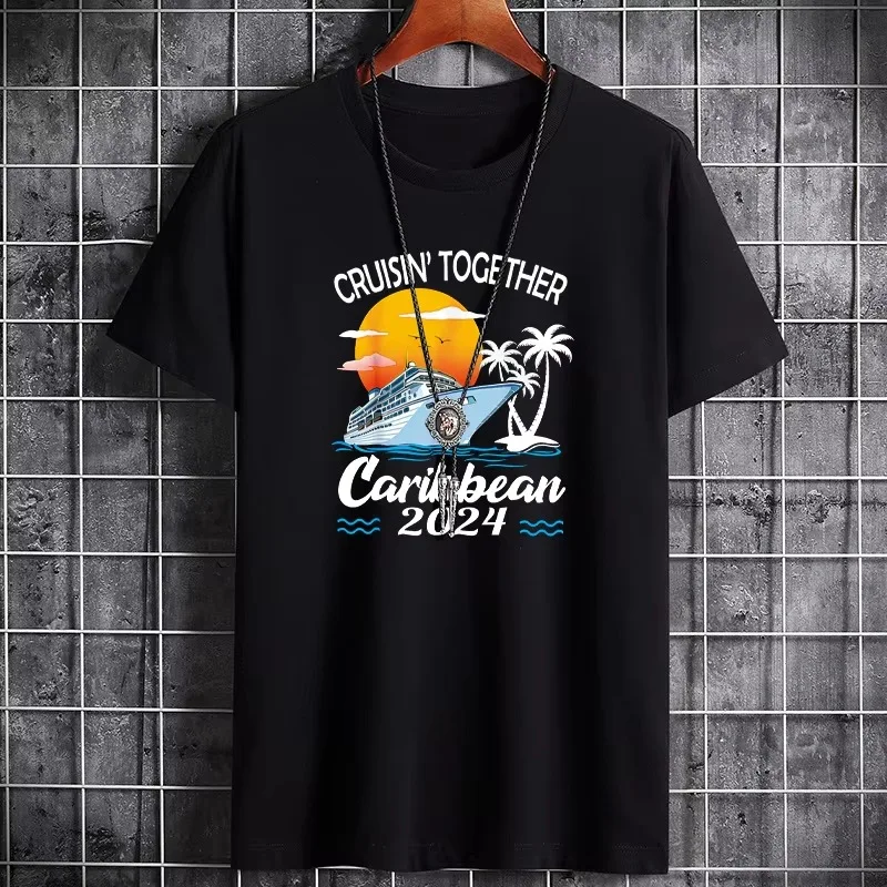 2026 Men Caribbean Cruise Sunset Palm Tree Graphic T Shirt Crew Neck Short Sleeve Black Cotton Casual Vacation Tees