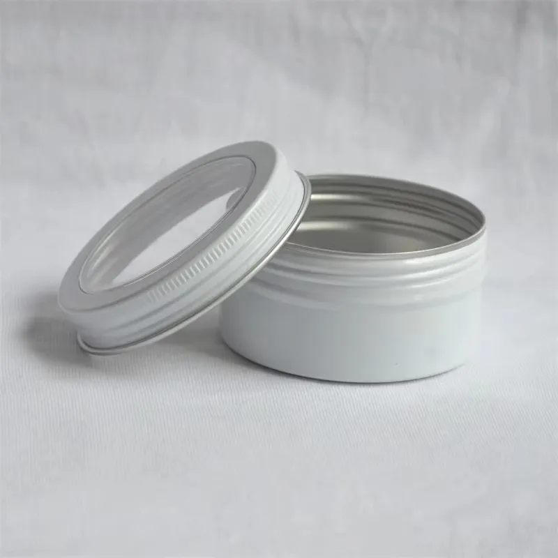 

200pcs 80g White Tin Box Aluminum Jar with Top Window Food Grade Child Resistant Packaging 68*34mm White Aluminum Tin Jar
